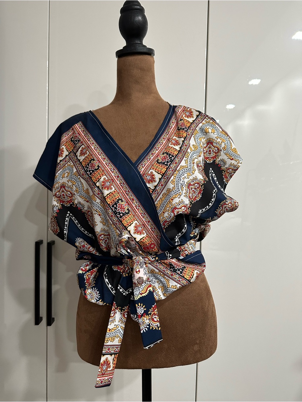 SHEIN Navy Paisley Wrap Blouse with Tie